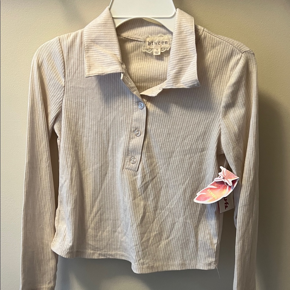 btween Ribbed Polo Long Sleeve Top in Beige